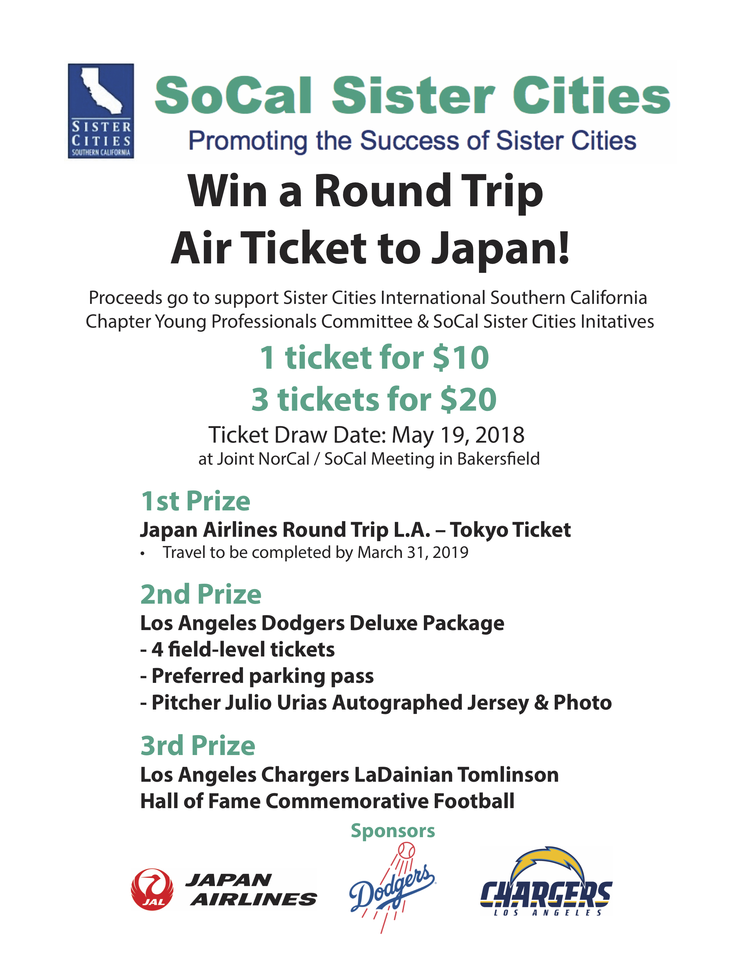 Raffle Winners for Japan Airlines, L.A Dodgers & L.A. Chargers Prizes –  SOCAL Sister Cities